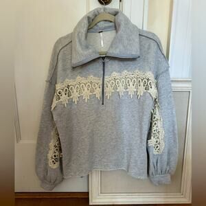 Free People gray 1/4 zip cropped boho sweatshirt  with lace applique detail S